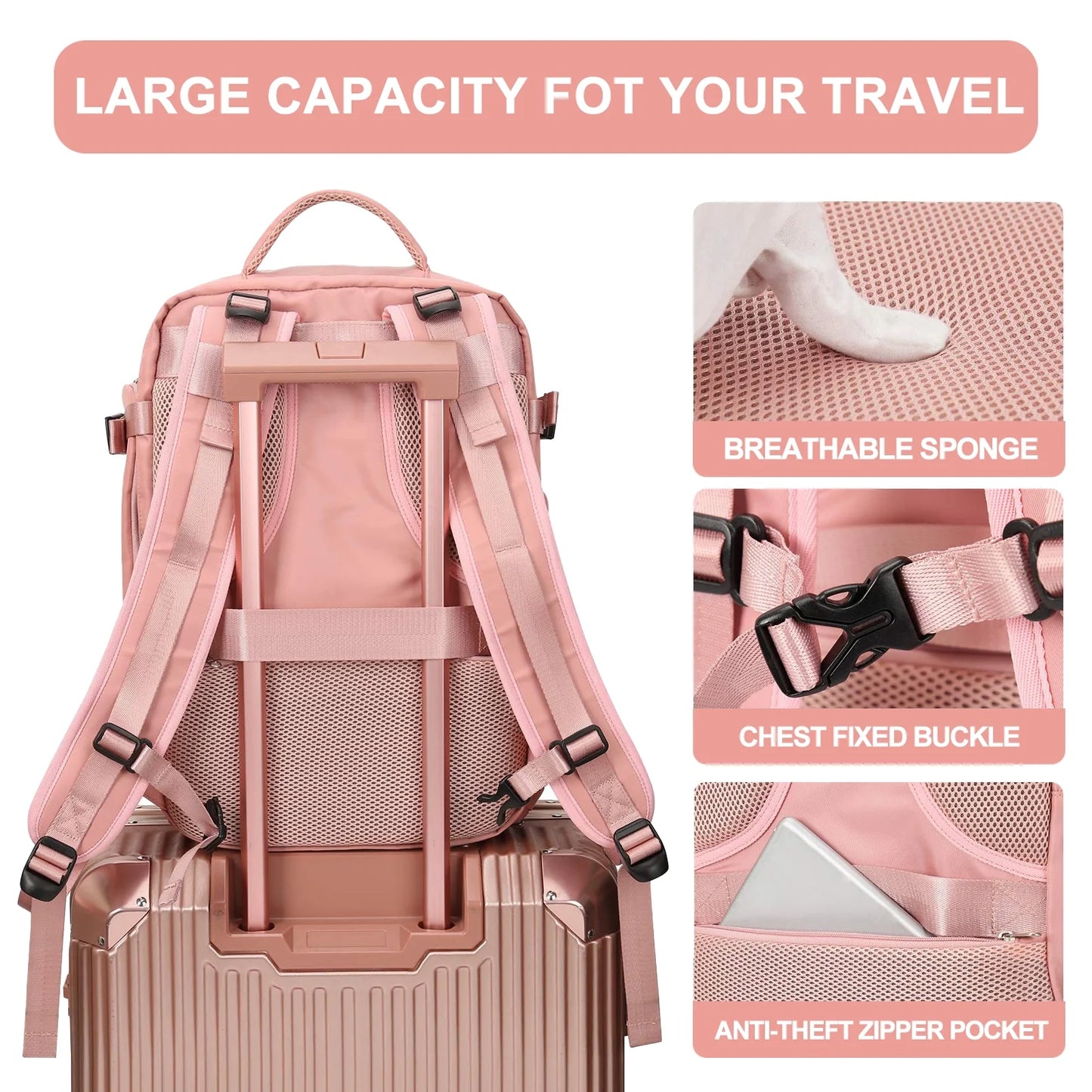 Large Travel Backpack for Women Men Laptop Bag Airline Approved Carry on Backpacks Waterproof anti Theft Gym Bags Hiking Flight Approved Luggage Casual Daypack, Large, Pink