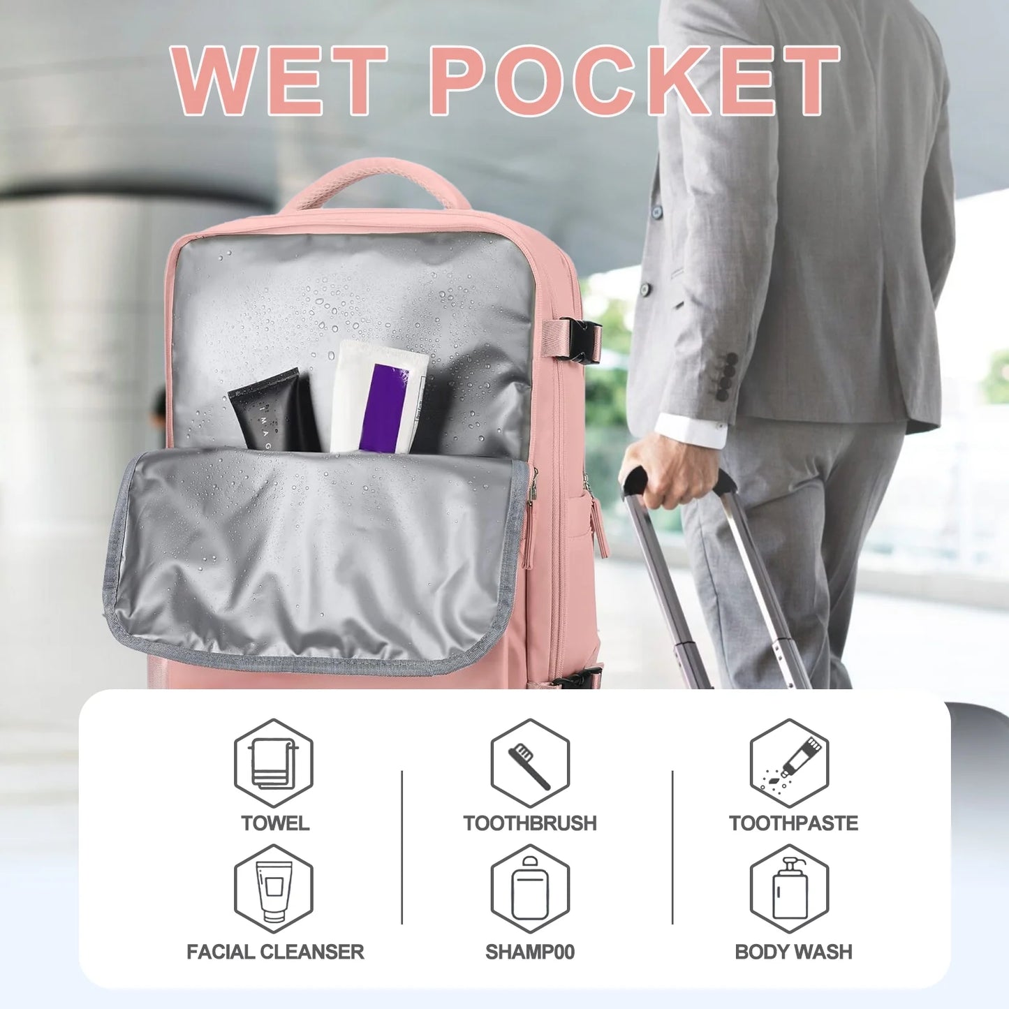 Large Travel Backpack for Women Men Laptop Bag Airline Approved Carry on Backpacks Waterproof anti Theft Gym Bags Hiking Flight Approved Luggage Casual Daypack, Large, Pink