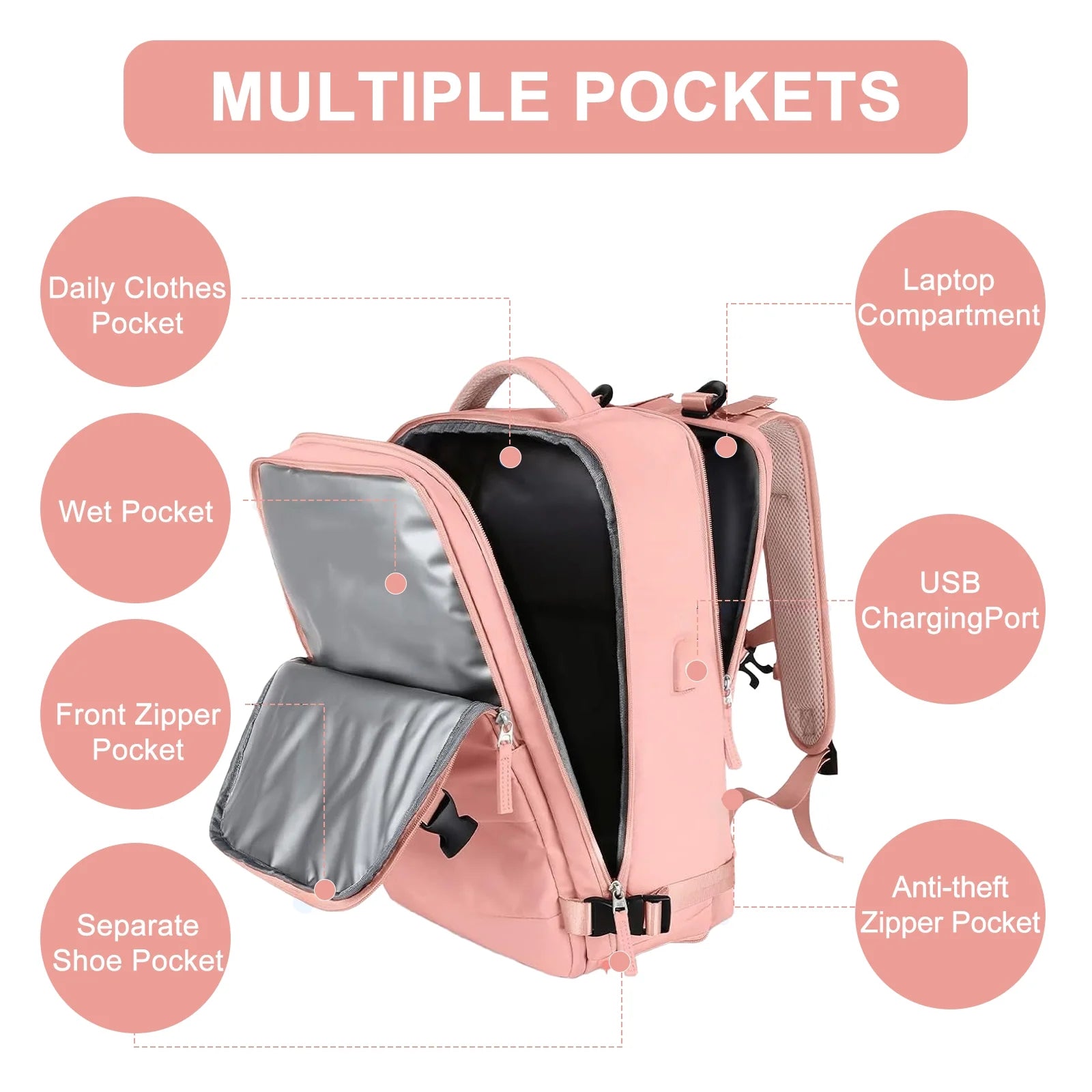 Large Travel Backpack for Women Men Laptop Bag Airline Approved Carry on Backpacks Waterproof anti Theft Gym Bags Hiking Flight Approved Luggage Casual Daypack, Large, Pink